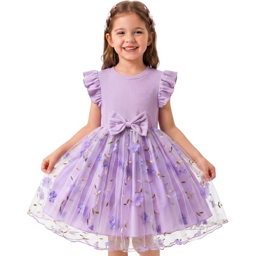 JinBei Robes Filles Princesse Robe Manches Volantes Robe en Tulle Fille Broderie Florale Bowknot Été Bébé Enfants Vetement pour Mariage Anniversaire Fête...