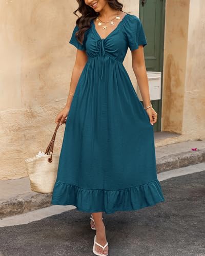 Image of BTFBM Womens Summer Dresses 2026 Casual Short Sleeve V Neck Drawstring Wedding Guest Maxi Dresses Boho Beach Long Dress