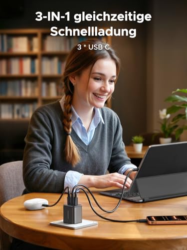 UGREEN USB C Ladegerät 30W, 3X USB-C-Port, GaN iPhone Netzteil – Ansicht 3