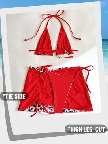 Image of ShawGobow Womens 3 Piece Leopard Bikini Set,Triangle String High Cut Thong Sexy Swimsuit & Coverup Skirt,Pool Party Outfit