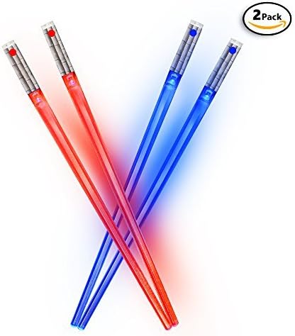 Light Up LED Lightsaber Chopsticks, Pack Of 2 - 1 Red And 1 Blue Set, Batteries Included, 10 Inches Long, Durable, Lightweight, Portable, BPA Free and Food Safe