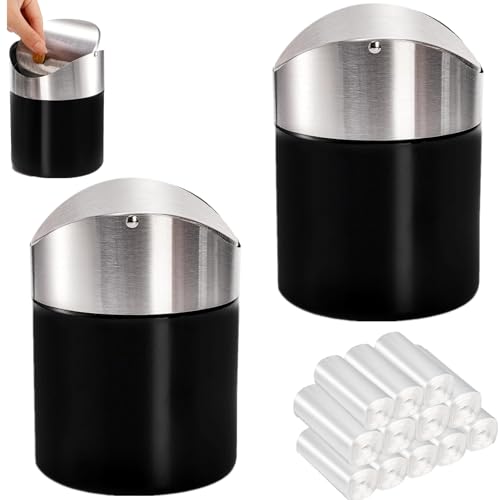 ToppYuanZea 2 Pack Mini Trash Can for Desk, Swing Lid Brushed Stainless Steel Countertop Garbage Bin, Modern Tiny Waste Basket for Vanity, Makeup Tabletop, Office Desk, Coffee Table