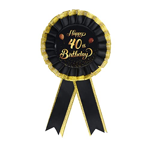 INNORU Happy 40th Birthday Tinplate Badge Pin, Satin Fabric 40th Birthday Pin, Cheers to 40 Years Rosette Button Pins, Happy Birthday Party Accessory Brooch Pin Party Decorations Black, Pack of 1