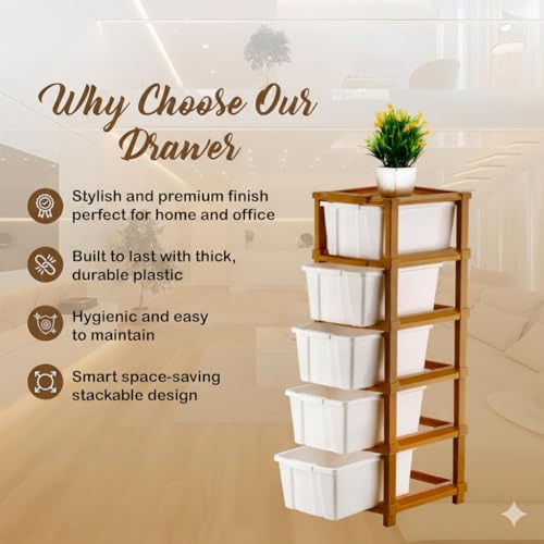 Image of 5 Layer Plastic Modular Storage Drawer Organizer | Chest of Drawer Storage Box for Living Room, Office, School and Home Toys | Organiser for Kids Room | Ivory & Brown (5-Layer ivory)
