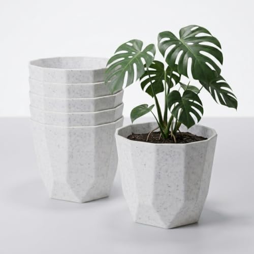 Image of YUCCABE ITALIA SHERA Hexa Plastic Planter Pot for Plants Decorative Flower Pot UV Protected Lightweight Indoor Outdoor Gamla for Home Decor, Balcony, Garden & Living Room (Stone White, 8 INCH - 6 Pcs)