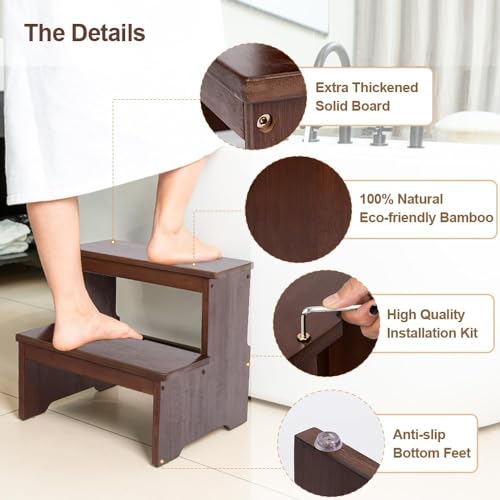 Image of Solid Sheesham Wooden Two Step Stool for Adults and Kids, Bed Stepstool with Anti-Slip Bottom, Heavy Duty for Kitchen, Bathroom, Bedside Step Stool, Wooden Step Stairs 350 lbs Capacity