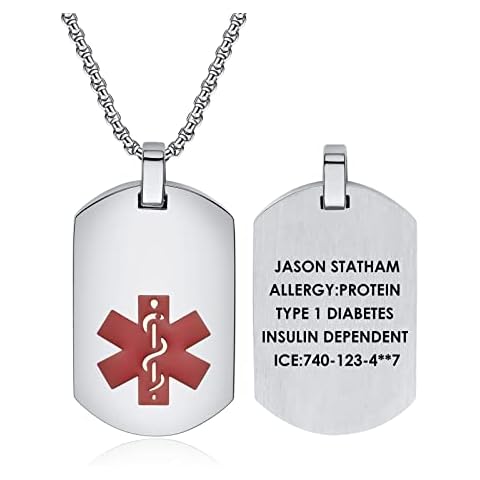 JF.JEWELRY Customized Medical Alert Necklace, Stainless Steel Medical Alert Necklace for Men Women, Personalized Medical Dog Tags (Silver, 24 Inch Chain) Cover