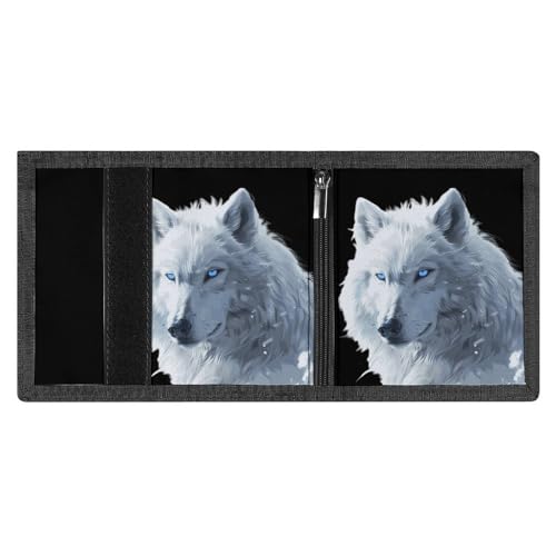 White Snow Wolf with Blue Eyes Trifold Wallet for Men Women Wallets with 8 Card Slot Photo Window Key Ring Zippered Pockets4