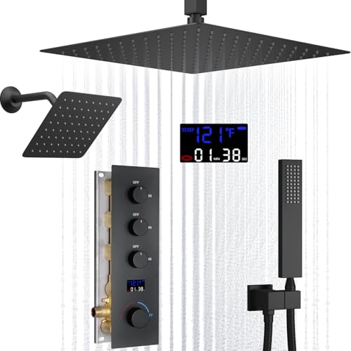 Set de grifería para baño AYIVG en negro mate con pantalla de temperatura y sistema de ducha dual de lluvia de 12 y 8 pulgadas montaje de techo con rociador de mano miniatura 1
