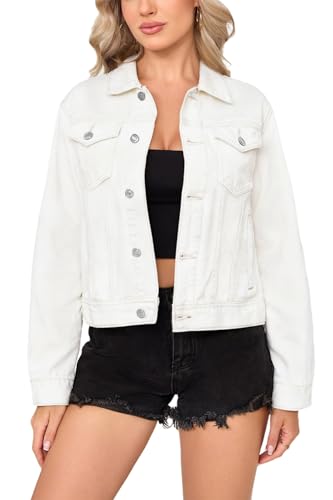 HOCAIES Women's White Denim Jacket, Classic Long Sleeve Button-Up Trucker