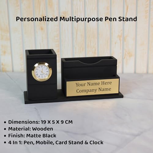 Image of Deskart Customized Pen Holder with Clock & Business Visiting Card Holder | Premium Stylish Office Stationary Organizer for Desk
