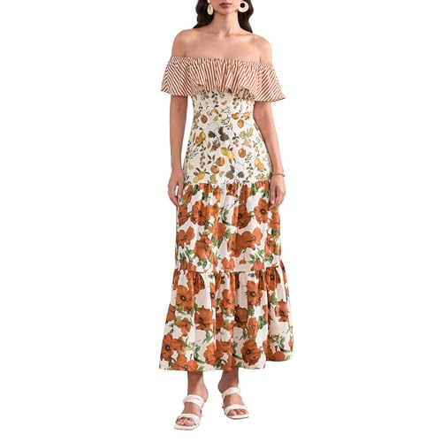 Woman Summer Floral Off Shoulder Long Dress Elastic Ruffled Short Sleeves Maxi Dresses Slim Fit Smocking Dress