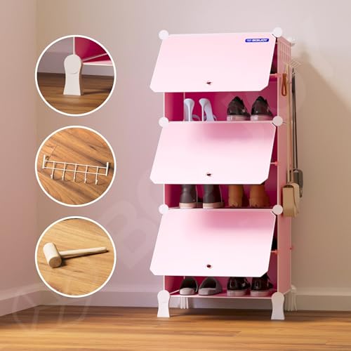 Image of BOXJOY 6 Shelf Shoe Rack with 3 Doors, Magnets, 5 Hook Steel Holder & Wooden Hammer for Home Storage PP Plastic Organizer with Metal Door Frame to Cover Chappal Slipper Sandals Shoes Box Stand (Pink)