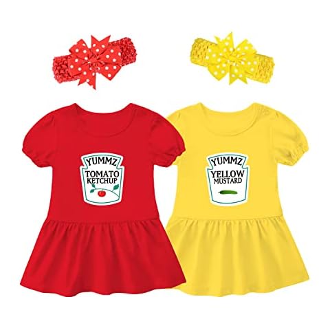 YSCULBUTOL Baby Twins Bodysuit Ketchup Mustard Newborn Girl Matching Outfits Sister Dresses Infant Romper With Headband Set, Red Yellow Ketchup Mustard, 9- 12 Months Cover