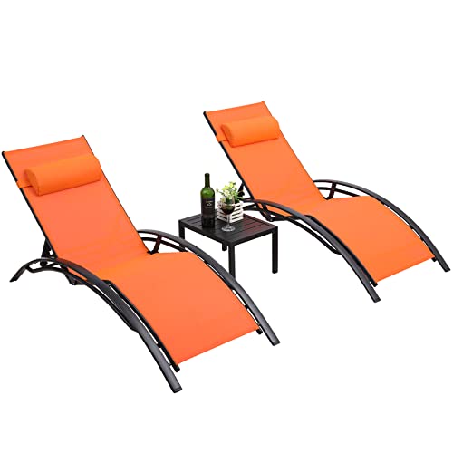 Athlike 3 Pcs Poolchairs Patio Chaise Lounge Set With Headrest, 5-Level Adjustable Sunbathing Tanning Poolside Lounger Recliner Chairs With Side Table For Outdoor Beach (Orange, 2 Chairs And 1 Table) #TOP7