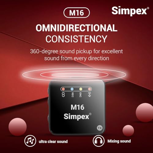 Image of Simpex M-16 Wireless Microphone System with ANC Noise Reduction, 360 Sound Capture, 100M Range, Upto 12 Hrs Working Time, for DSLR Camera, Android & iOS Smartphones, Seamless Audio Recording