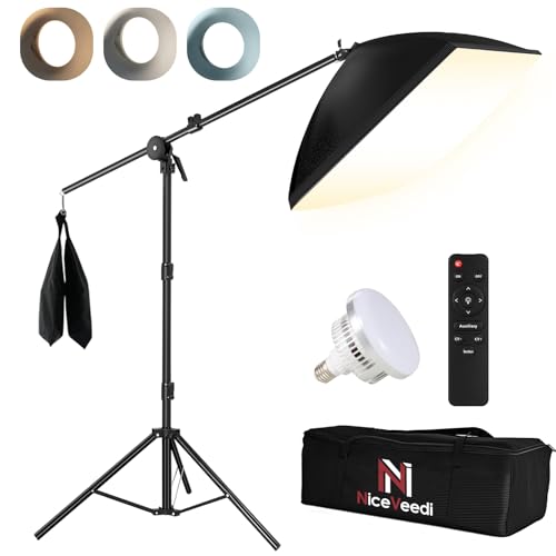 NiceVeedi Softbox Photography Lighting Kit, 20'' x 28'' 85W 3000K-6000K E27 LED Bulb Softbox Lighting Kit with Boom Arm & 91' Tripod, Overhead Studio Lights for Photography/Live Streaming/Portrait