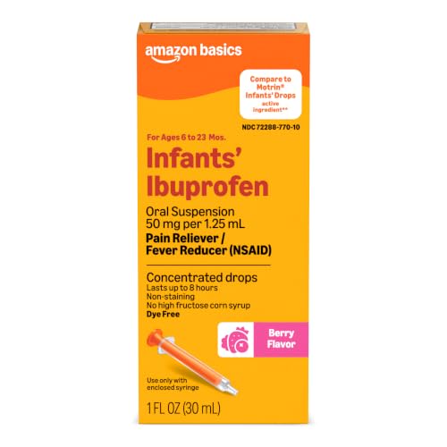 Image of Amazon Basics Infants’ Ibuprofen Oral Suspension, 50 mg/1.25 mL, Berry Flavor Concentrated Drops, Dye-Free, 1 fl oz (Pack of 1) (Previously Care)