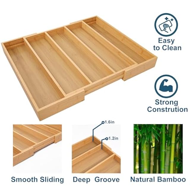 Expandable Kitchen Drawer Organizer,Bamboo Silverware Organizer,Adjustable Flatware Tray for Utensils(16.92 * 13.30~22.83 * 1.96)