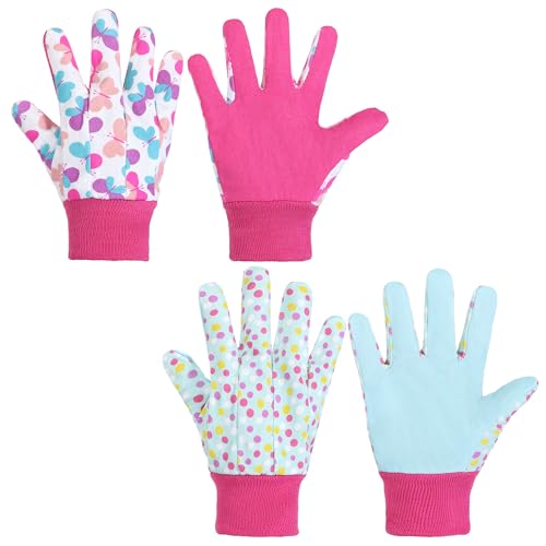HANDLANDY 2 Pairs Kids Gardening Gloves Girls Boys Children Garden Work Play Gloves (Pink Butterfly & Dot Medium)