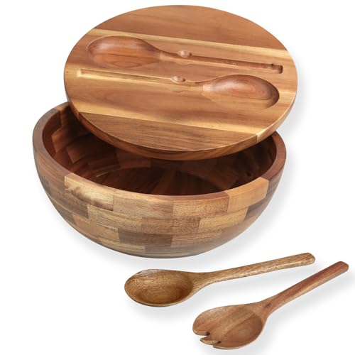 Guolich Saladier Bois Rond en Acacia avec Couverts