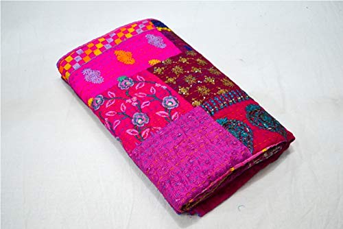 YUVANCRAFTS Indian Handmade Patch Work Cotton Kantha Quilt Traditional Queen Quilt Blanket Bedspreads Throw