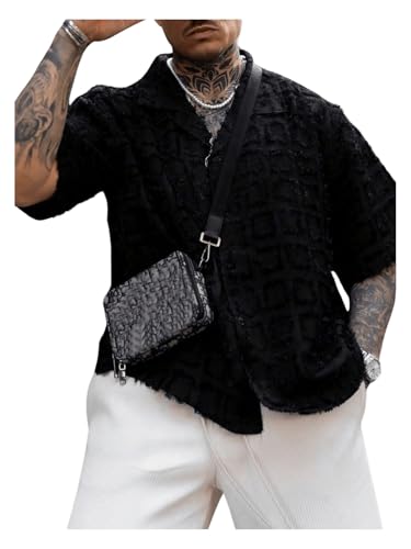 Men's Plaid Button Down Shirts Raw Trim Half Sleeve Lapel Collar V Neck Shirt Top3