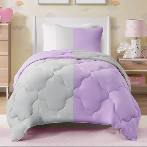 Image of Comfort Spaces Vixie Reversible Comforter Set - Trendy Casual Geometric Quilted Cover, All Season Down Alternative Cozy Bedding, Matching Sham, Lavendar /Gray, Twin /Twin XL 2 piece