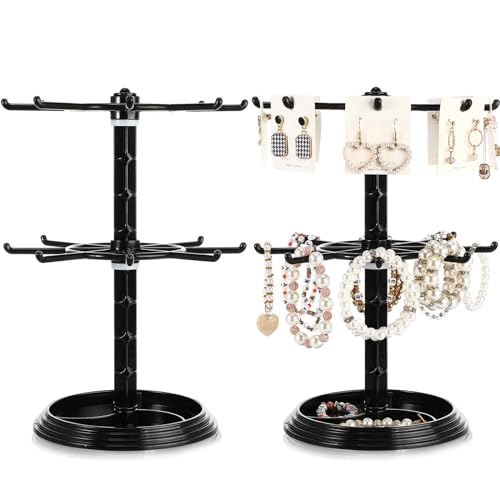 2 Pack Keychain Display Stand Rotating Jewelry 2 Tier Necklace Holder Plastic Spinning Bracelet Hanging Organizer Rotating Rack Earring Bracelet Stands for Vendors Malls Counter Dressing Table(Black)