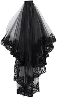 2 Tier Black Veil with Comb Halloween Headwear Gothic Corpse Bridal Veil Waist Length Lace Wedding Bridal Veil Ladies Girls Fancy Dress Embroidered Edge Hair Accessory Flowery Day of the Dead Costume