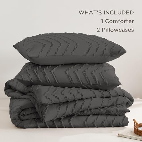 Andency Dark Grey Comforter Set King Size, Boho Soft Warm Tufted Bedding Comforter Sets for King Size Bed, 3 Pieces Aesthetic Chevron Farmhouse Cute Bohemian Textured Bedding Set