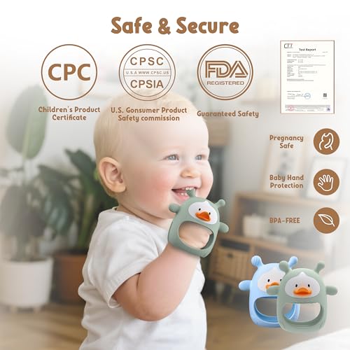Image of 2 Packs Baby Teething Toys 3-6 6-12 Months, Food Grade Silicone Teething Mitten, Anti Dropping Wrist Hand Teethers, Never Drop Baby Chew Toys for Sucking Needs, BPA Free (Blue & Green)