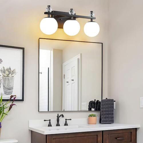 Image of Black 3-Light Bathroom Vanity Light Fixtures Over Mirror Modern Wall Sconce with Milky Glass Ball Shade Mid Century Vanity Lighting for Bedroom