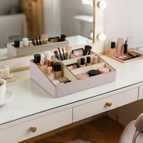 Image of PU Leather Makeup Organizer Tray,Large Vanity Organizer,Cosmetic Storage Box for Lipstick Brushes Skincare Perfume,Cosmetic Display Case Rose Gold-trimmed for Dresser,Bathroom Countertop(Beige)