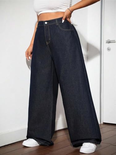 Image of KOTTY Women's High Waist Wide Leg Button Coin Pocket Straight Fit Jeans Stylish Regular to Plus Size Fit Denim Jeans for Women