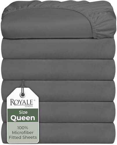Royale Linens 6 Pack Queen Fitted Sheet Set - Bottom Sheet - Ultra Soft &amp; Breathable - Brushed 1800 Microfiber - Wrinkle &amp; Stain Resistant - Hotel Quality Deep Pocket Stretch Up to 16" (Queen, Grey)