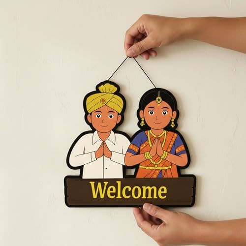 Image of EXPLEASIA Welcome Traditional Couple Decorative Wall Hanging Wooden Art Decoration Item for Home | Office | Living Room | Decoration Items| Home Decor| Wall Art | Wall Decoration (Multicolor)