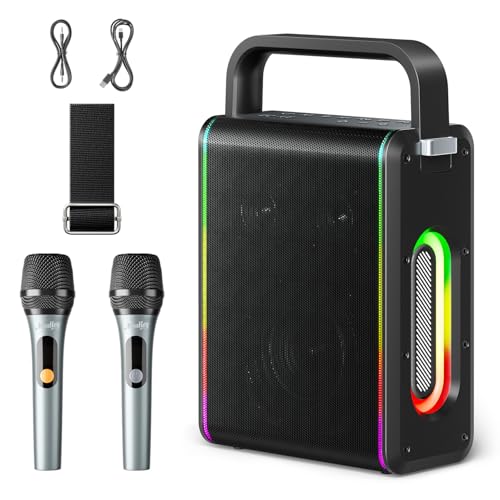 Moukey MPS5 Portable Karaoke Machine 200W Peak Power Rechargeable Speaker with 2 Wireless Microphones& Strap Support BT 5.3/REC/AUX/MP3/USB/TF for Home/Party/Outdoor/Adults/Kids