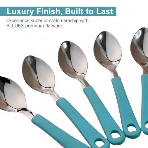 Image of Premium Stainless Steel Table Spoon Set of 6 | 15 cm Large Dinner Spoons, Mirror Finish | Flatware for Dining Table & Kitchen | Dishwasher Safe | Aqua Blue (Aqua Blue)