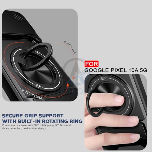 Image of AESTMO Google Pixel 10A 5G Back Cover | Armor Camera Slider 360 Degree Rotating Finger Ring Holder Case with Bracket Stand Back Case Cover (Compatible with MagSafe Accessories) (Black)