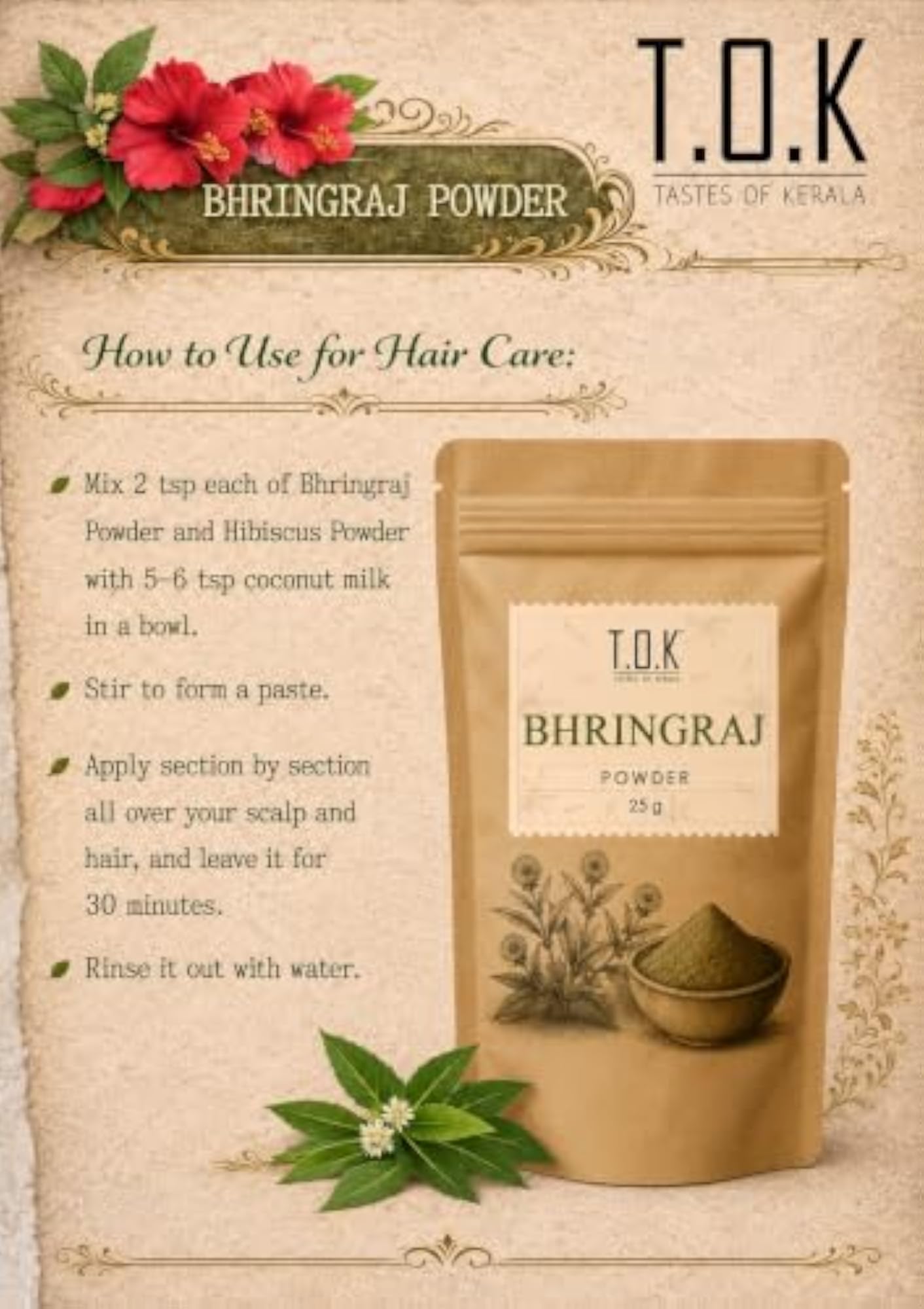 T.O.K Bhringraj Powder 25g, Pure Herbal Hair Care