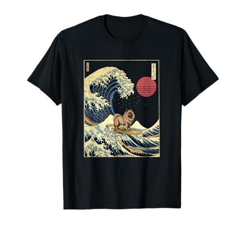 Keeshond Funny Surf Dog Japanese Kanagawa Wave T-Shirt