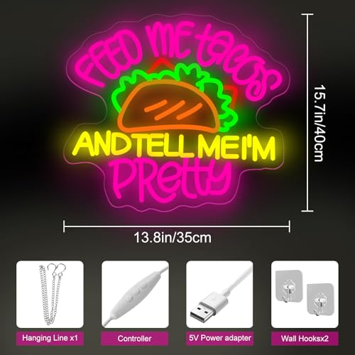 Image of Feed Me Tacos And Tell Me I'm Pretty Neon Sign Tacos LED Light | USB Powered Dimmable Mexican Restaurant Decor Taco Party Fast Food LED Light Coffee Decor 15.7 inchx13.8 inch