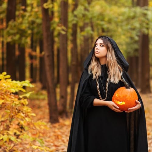 YEWCEP Schwarzer Umhang, 140cm Umhang Kostüm Mit Kapuze, Umhang für Halloween-Partys, Cosplay-Events Und Gothic-Themenabende, Frontman Kostüm, Vampir Kostüm Kinder