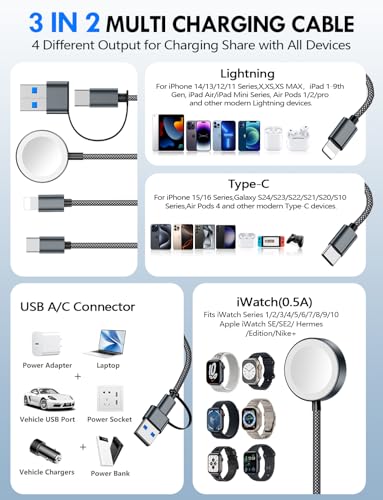 Image of 1Pack Multi Charging Cable Cord for Travel Essentials,Apple Watch Charger,iPhone Charger,[3-in-2] Type C /L Cable Portable Designed for iWatch,iPhone 17-8,Galaxy S26-21,AirPods,iPad-4FT Black