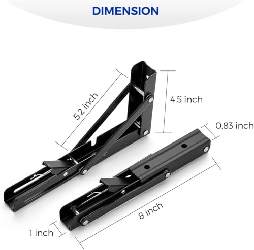 Image of Folding Shelf Brackets (8 Inch, 20 cm) Pack of 2 - Heavy Duty Metal Wall Mount Foldable Collapsible Shelf Support for Kitchen, Table, Workbench & Storage Shelves, Black