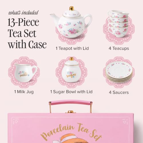 Image of Giggle & Honey White Floral Tea Party Set for Little Girls, Porcelain Kids Tea Set with Carry Case, Teapot Cups & Saucers, Princess Tea Time Birthday Gift for Girls Ages 3, 4, 5, 6, 7, 8