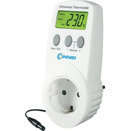 Conrad UT-200, elektronisches Universalthermostat mit Zwischenstecker, für Heiz- und Kühlbetrieb (-40 bis 99 °C) geeignet.