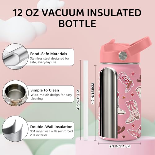 Image of Boot Water Bottle for Daughter, Stainless Steel Insulated Tumbler with Straw Lid and Handle, 12oz Reusable Leak-Proof Bottle for Sports