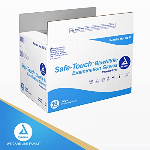 Dynarex Safe-Touch Disposable Nitrile Exam Gloves, Powder-Free, Latex-Free, Touchscreen Friendly & Used By Professionals, Blue, Large, 1 Case - 10 Box Of 100 Safe-Touch Disposable Nitrile Exam Gloves #TOP6